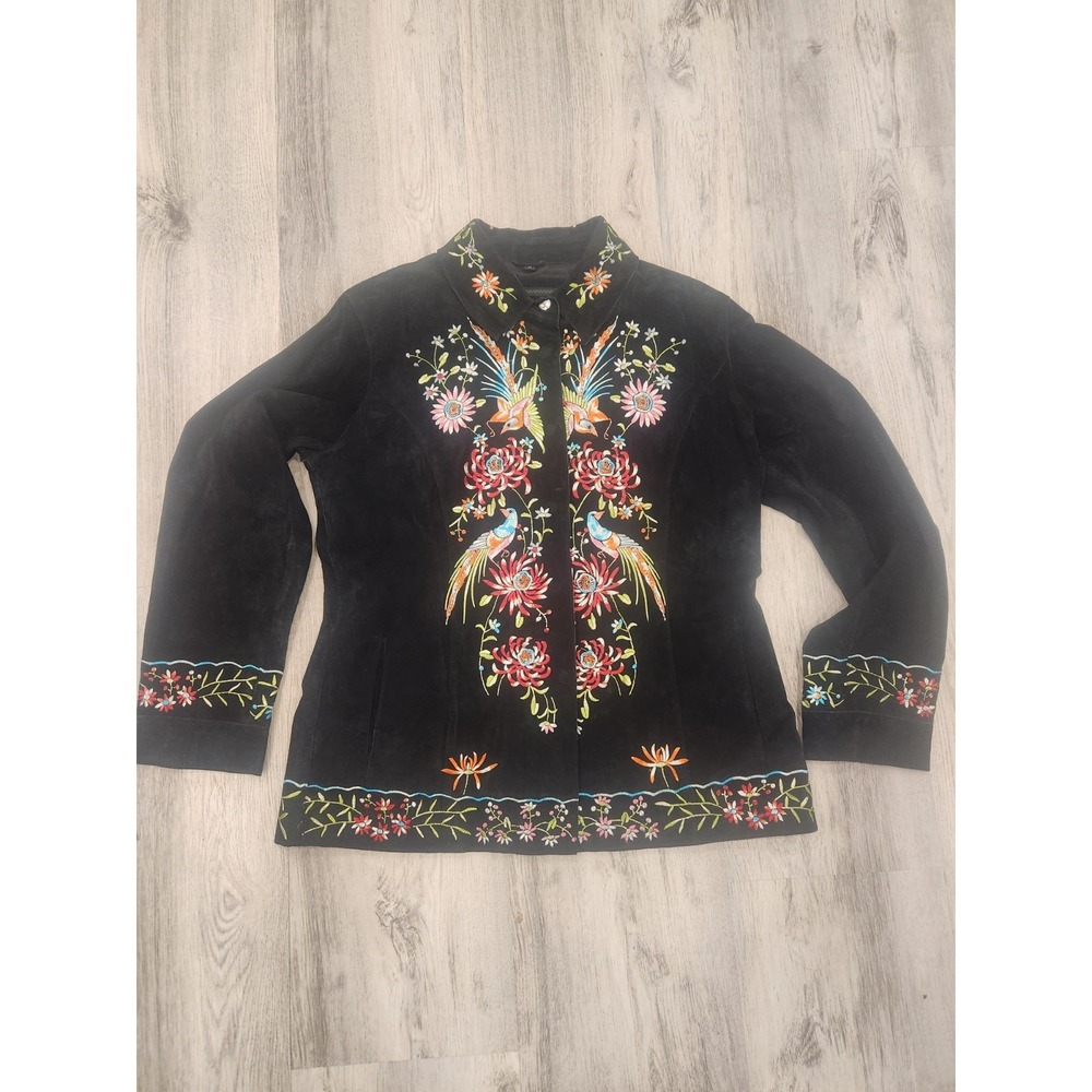 AVANTI New York Women's Boho Western Embroidered Birds Floral Suede Jacket Small